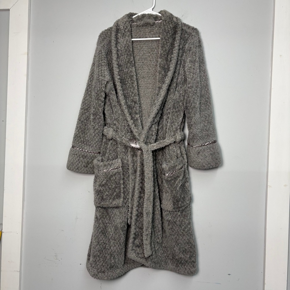 PJ Salvage Gray Plush Shaggy Textured Bathrobe Tie Waist Pocket Lined Trim 41in